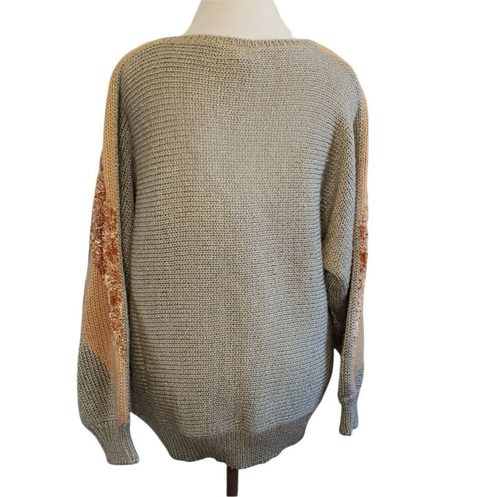 Vintage 80s Neutral Beige Peach Geometric Balloon Sleeve Slouchy Sweater - Picture 6 of 10